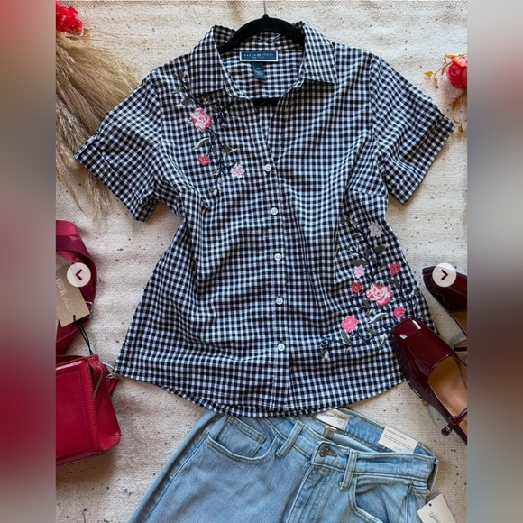 NWT Karen Scott Floral Embroidered Gingham Black&White Shirt Size M - Picture 2 of 13